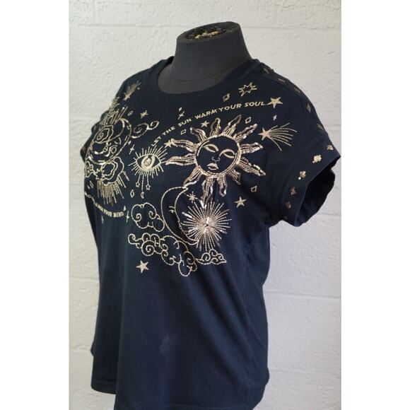 Johnny Was Relaxed Sequin Top Warm Your Soul Sz M-shirt Black Gold Embroided - Picture 2 of 11